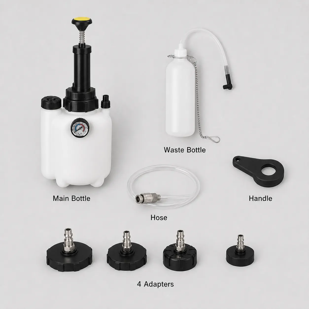 Brake Bleeder Refill Bottle and included accessories