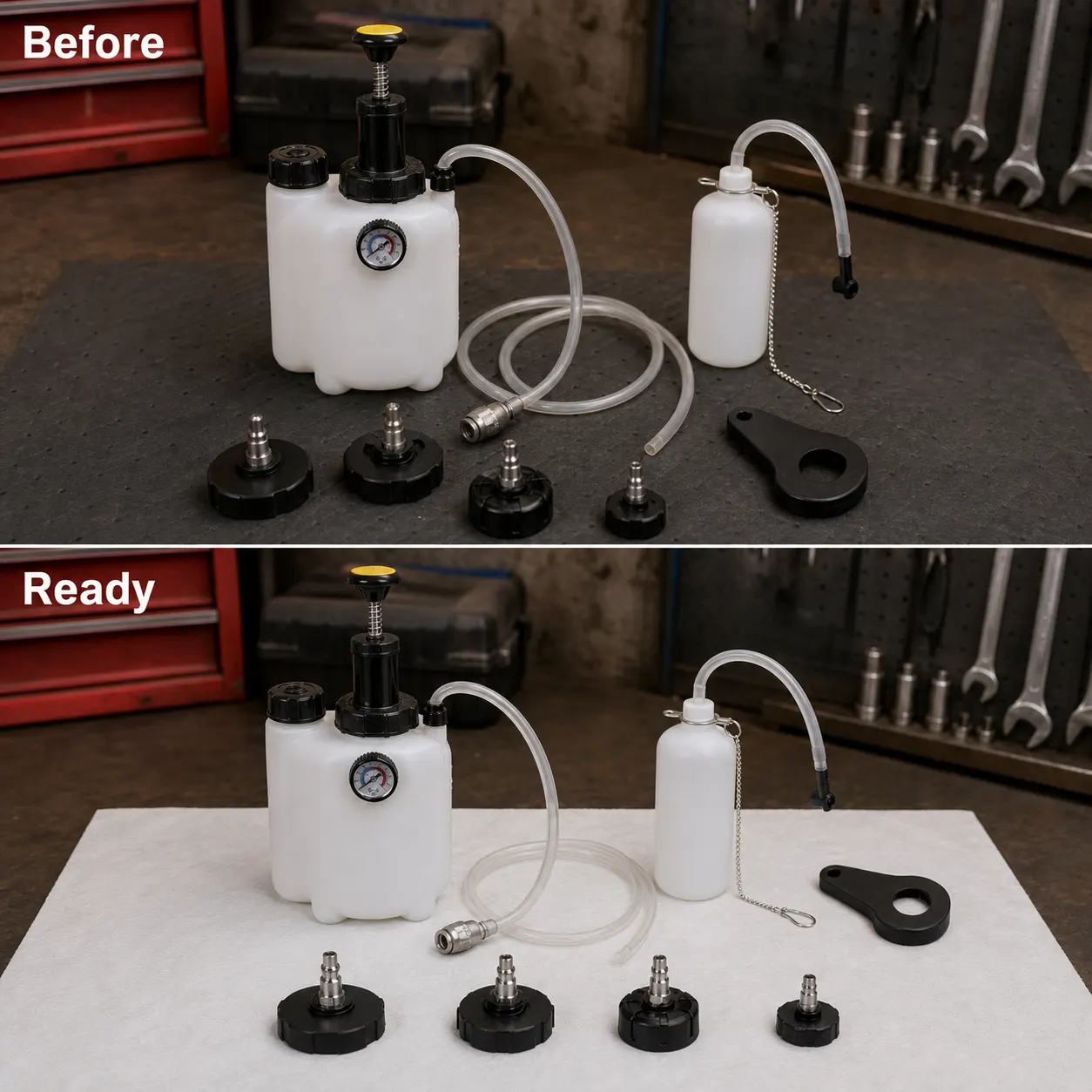 Brake Bleeder Refill Bottle setup and use views